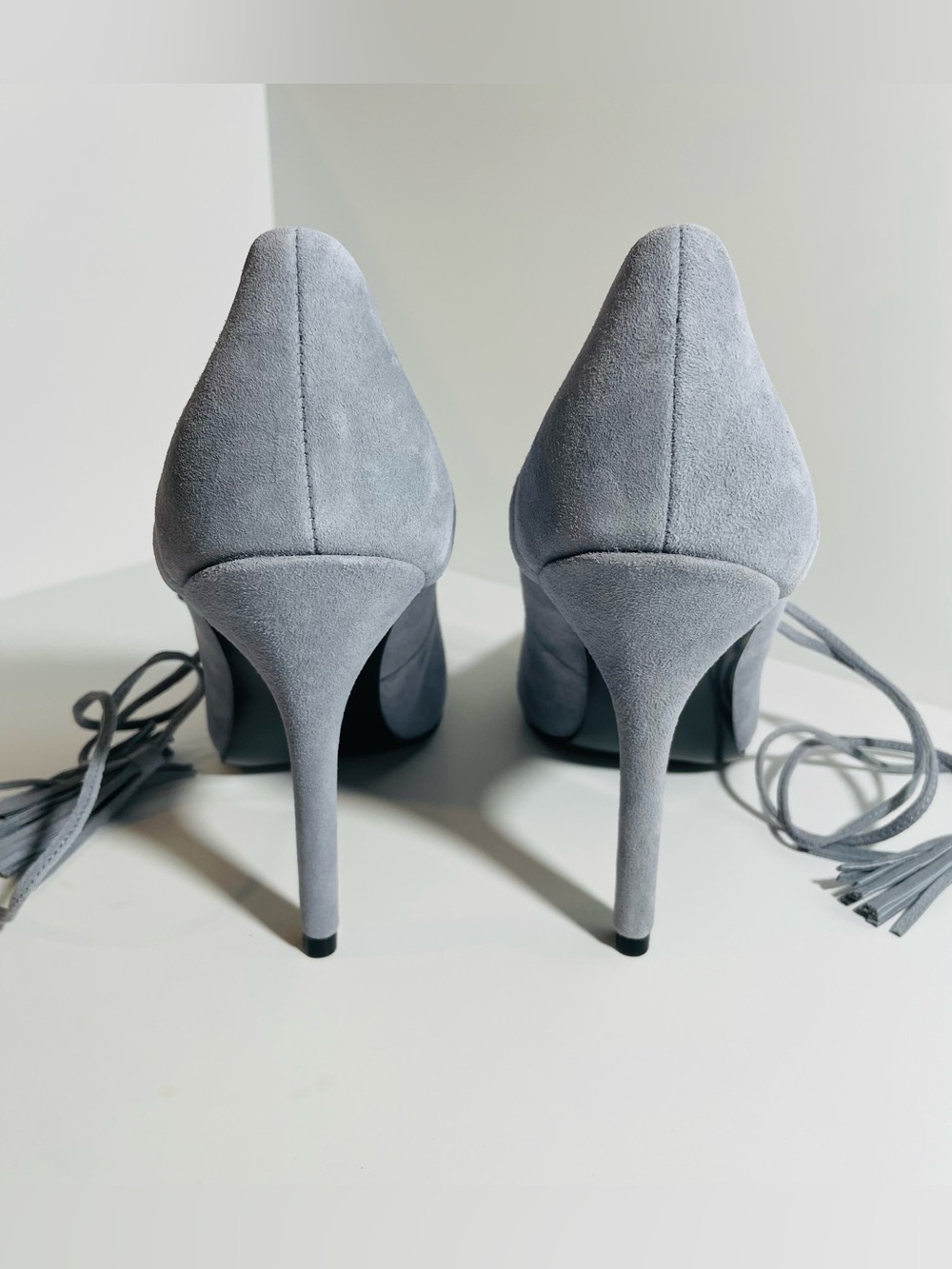 GUESS Suede Tassel Ankle-Tie Heels - Light Gray - Picture 9 of 15